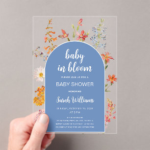Baby in Bloom Wilde Bloemen Jongens Shower Blauwe  Acryl Uitnodigingen