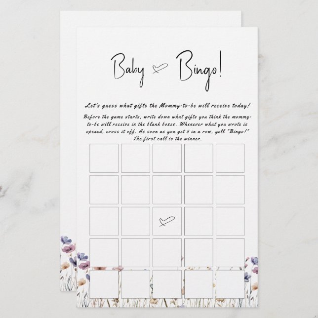 Baby in Bloom Wildflower Baby Bingo Game Flyer (Voorkant / Achterkant)