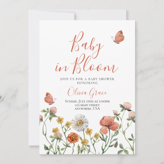 Baby in Bloom Wildflower baby shower Invitation Kaart (Voorkant)