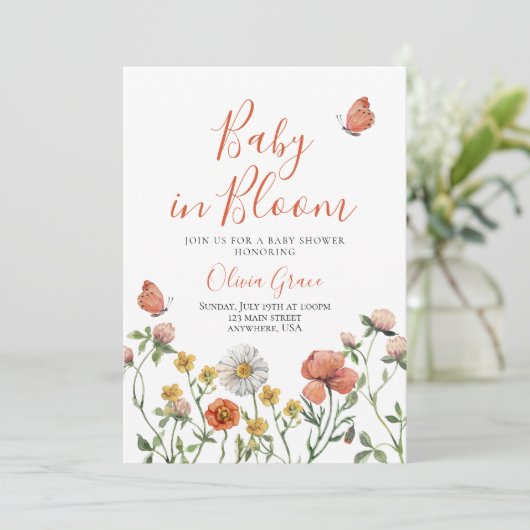 Baby in Bloom Wildflower baby shower Invitation Kaart (Staand voorkant)