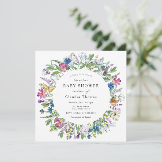 Baby in Bloom Wildflower Baby shower Invitation Kaart (Staand voorkant)