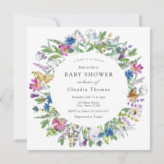 Baby in Bloom Wildflower Baby shower Invitation Kaart (Voorkant)