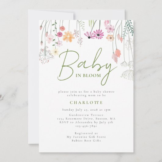 Baby in Bloom Wildflower Baby shower Invitation Kaart (Voorkant)