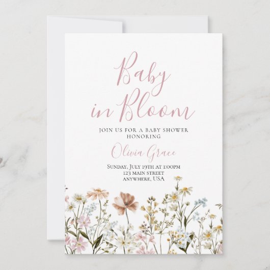 Baby in Bloom Wildflower baby shower Invitation Kaart (Voorkant)