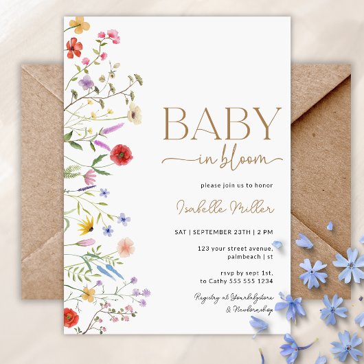Baby in Bloom Wildflower Baby shower Invitation Kaart
