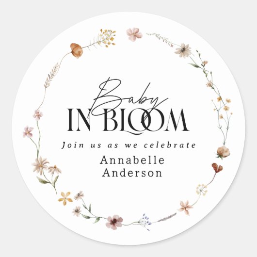 Baby in bloom wildflower baby shower invitation ronde sticker (Voorkant)