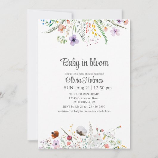 Baby in Bloom Wildflower Baby shower Uitnodiging (Voorkant)