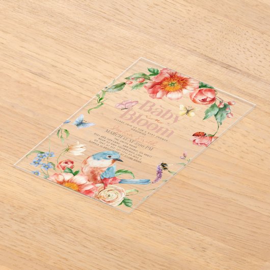 Baby in Bloom Wildflower & Bird Girl Baby shower Acryl Uitnodigingen (Laagn)