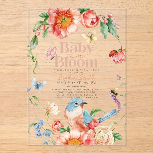 Baby in Bloom Wildflower & Bird Girl Baby shower Acryl Uitnodigingen (Voorkant)