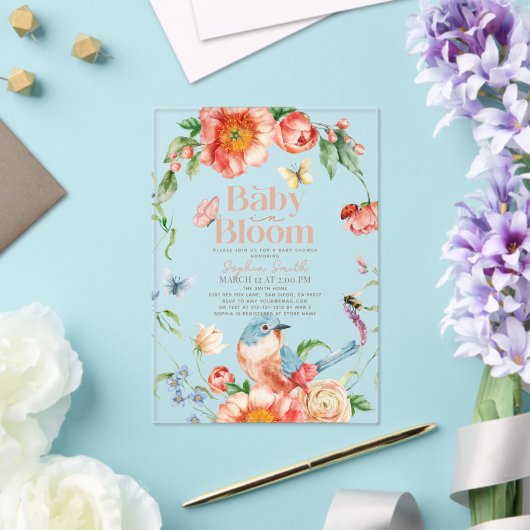 Baby in Bloom Wildflower & Bird Girl Baby shower Acryl Uitnodigingen (Insitu (Huwelijk))