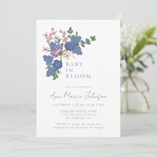 Baby in Bloom Wildflower Bloemblauw Baby shower Kaart (Staand voorkant)
