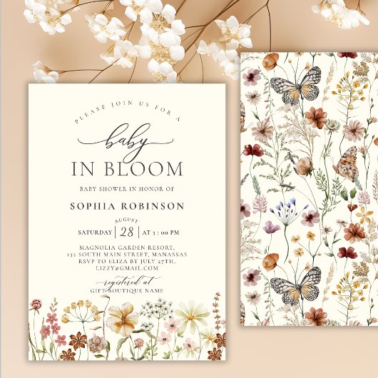 Baby in Bloom Wildflower Boho Beige Baby shower Kaart
