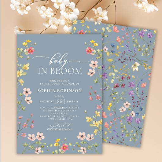 Baby in Bloom Wildflower Boho Blauw Baby shower Kaart