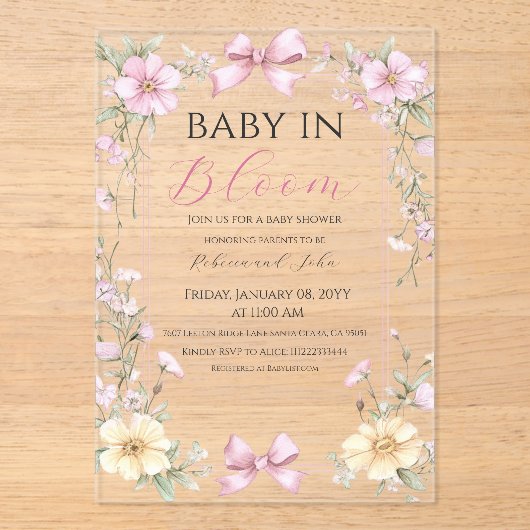 Baby in Bloom Wildflower Bow Baby shower Acryl Uitnodigingen (Voorkant)
