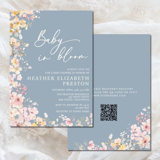 Baby in Bloom Wildflower Dusty Blue Baby shower Kaart