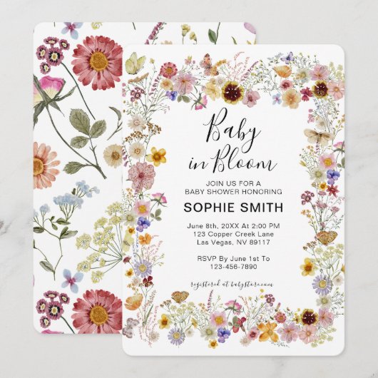 Baby in Bloom Wildflower Dusty Roos Baby shower Kaart (Voorkant / Achterkant)