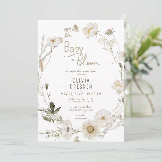 Baby in Bloom Wildflower Krans Baby shower Kaart (Staand voorkant)
