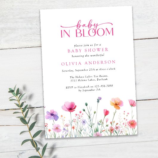 Baby in Bloom Wildflower Roze Baby shower Kaart