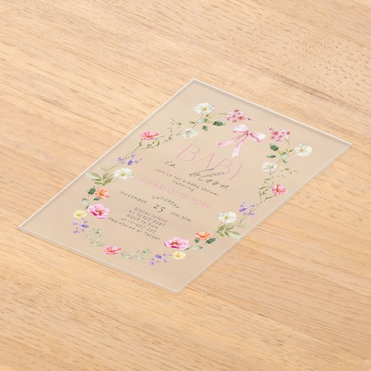 Baby in Bloom Wildflower roze Bow Baby shower Acryl Uitnodigingen (Laagn)
