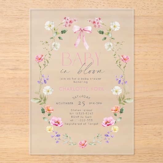 Baby in Bloom Wildflower roze Bow Baby shower Acryl Uitnodigingen (Voorkant)
