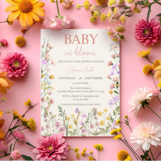 Baby in Bloom Wildflower Roze Meisje QR Baby showe Kaart