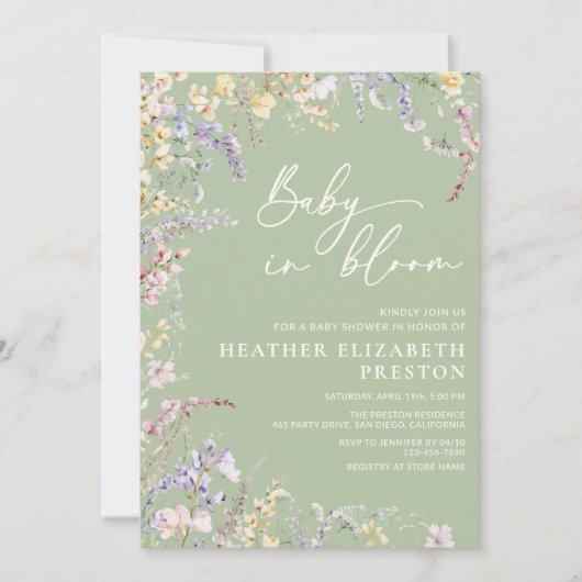 Baby in Bloom Wildflower Sage Green Baby shower Kaart (Voorkant)