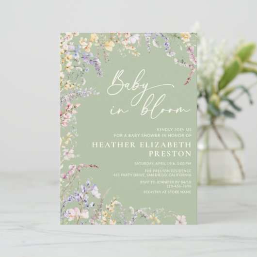 Baby in Bloom Wildflower Sage Green Baby shower Kaart (Staand voorkant)