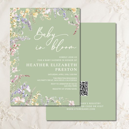 Baby in Bloom Wildflower Sage Green Baby shower Kaart