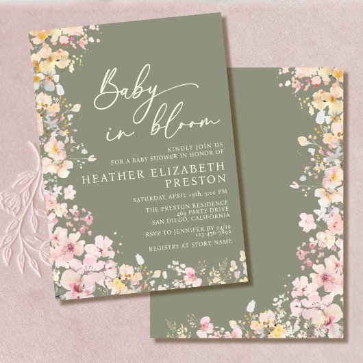 Baby in Bloom Wildflower Sage Green Baby shower Kaart