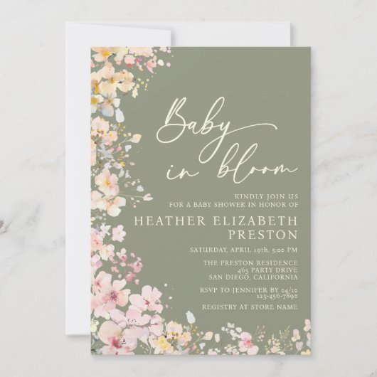 Baby in Bloom Wildflower Sage Green Baby shower Kaart (Voorkant)