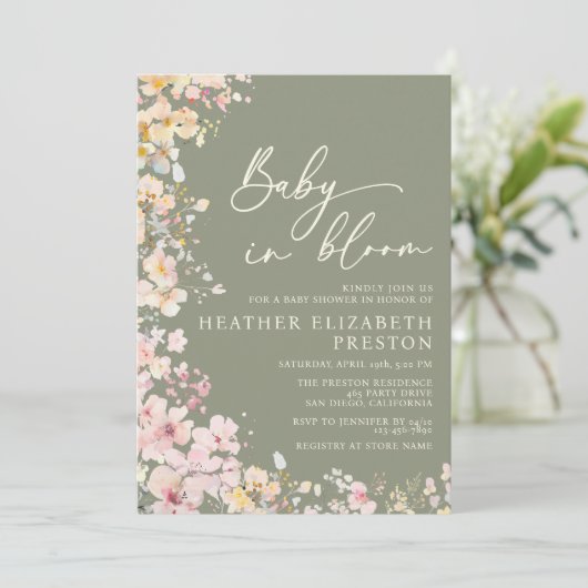 Baby in Bloom Wildflower Sage Green Baby shower Kaart (Staand voorkant)