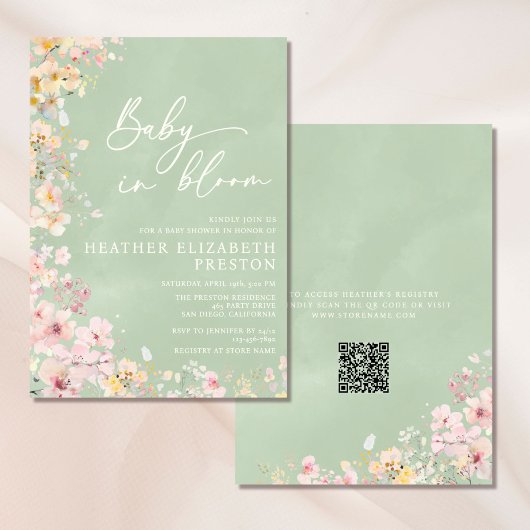 Baby in Bloom Wildflower Sage Green QR Baby shower Kaart