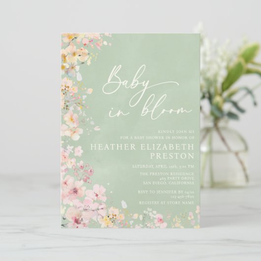 Baby in Bloom Wildflower Sage Green QR Baby shower Kaart (Staand voorkant)