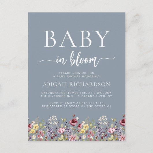 Baby in Bloom Wildflowers Dusty Blue Baby shower Briefkaart (Voorkant)