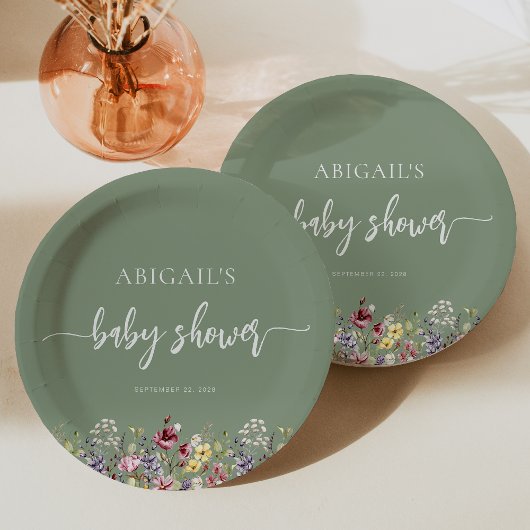 Baby in Bloom Wildflowers Sage Green Baby shower Papieren Bordje