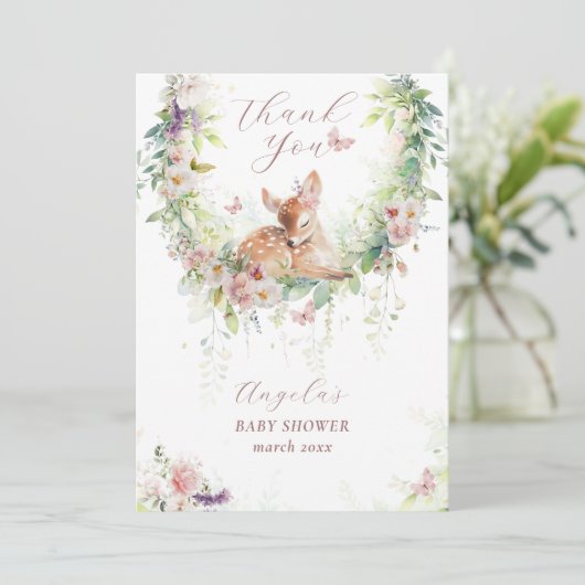 Baby in Bloom Woodland Bloemen Baby Meisje Douche Bedankkaart (Staand voorkant)