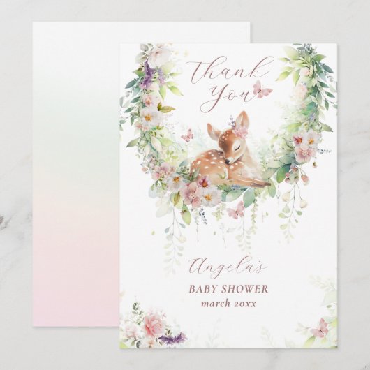 Baby in Bloom Woodland Bloemen Baby Meisje Douche Bedankkaart (Voorkant / Achterkant)