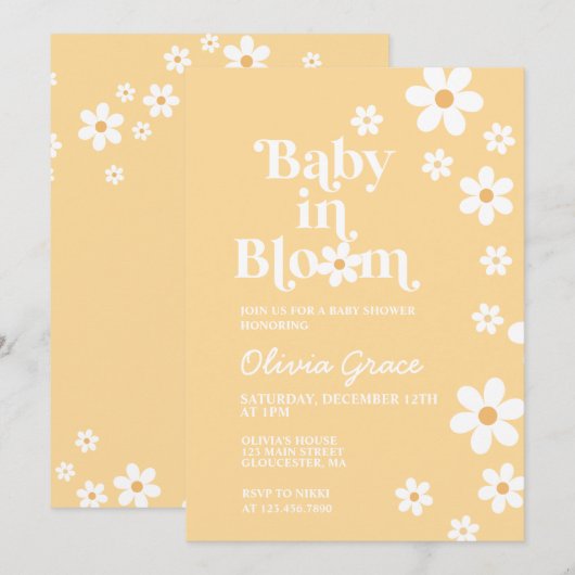 Baby in Bloom yellow Daisy Baby shower Invitation Kaart (Voorkant / Achterkant)