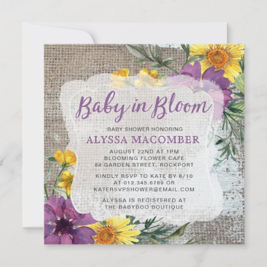 Baby in Bloom Yellow Paars Baby shower Invitation (Voorkant)