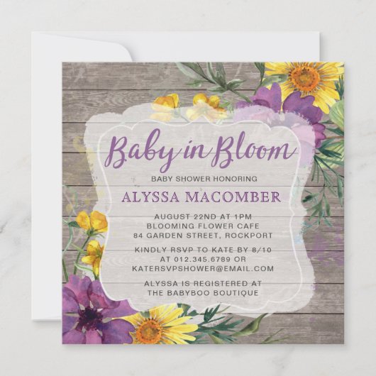 Baby in Bloom Yellow Paars Baby shower Invitation (Voorkant)