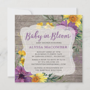 Baby in Bloom Yellow Paars Baby shower Invitation