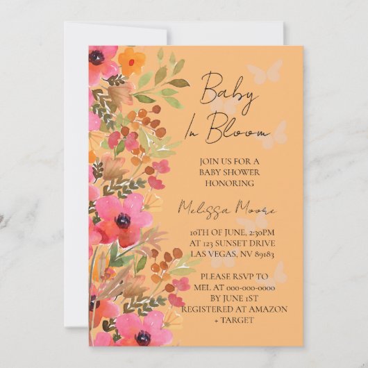Baby in bloomvlinder, perziken en roze bloemen kaart (Voorkant)