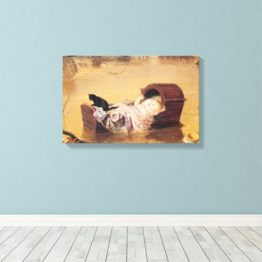 Baby in een kinderbedje tijdens een overstroming ( canvas afdruk (Insitu (Houten vloer))