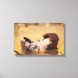 Baby in een kinderbedje tijdens een overstroming ( canvas afdruk
