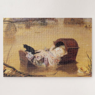 Baby in een kinderbedje tijdens een overstroming ( legpuzzel
