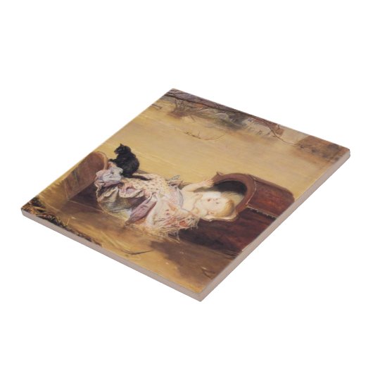 Baby in een kinderbedje tijdens een overstroming ( tegeltje (Zijkant)