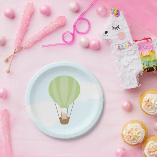 Baby in Groene Hete Luchtballon Baby shower Papieren Bordje (Feest)