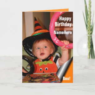 Baby in Heksenhoed & Ring Toss Halloween Verjaarda Kaart
