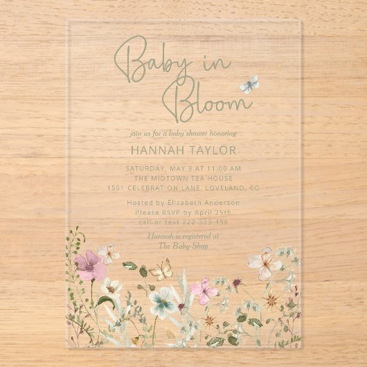 Baby in het Baby shower Bloom Girl Acryl Uitnodigingen (Voorkant)