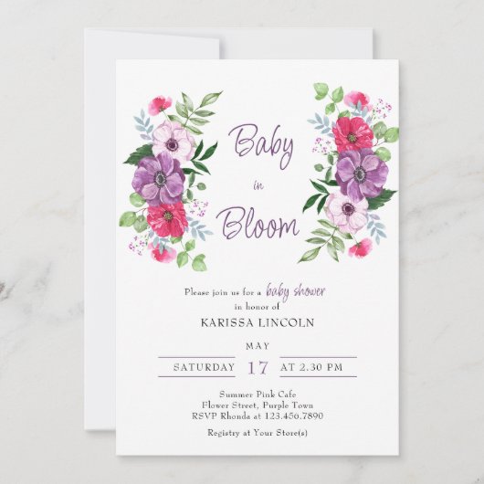Baby in het Baby shower Bloom Paarse roze bloemen Kaart (Voorkant)